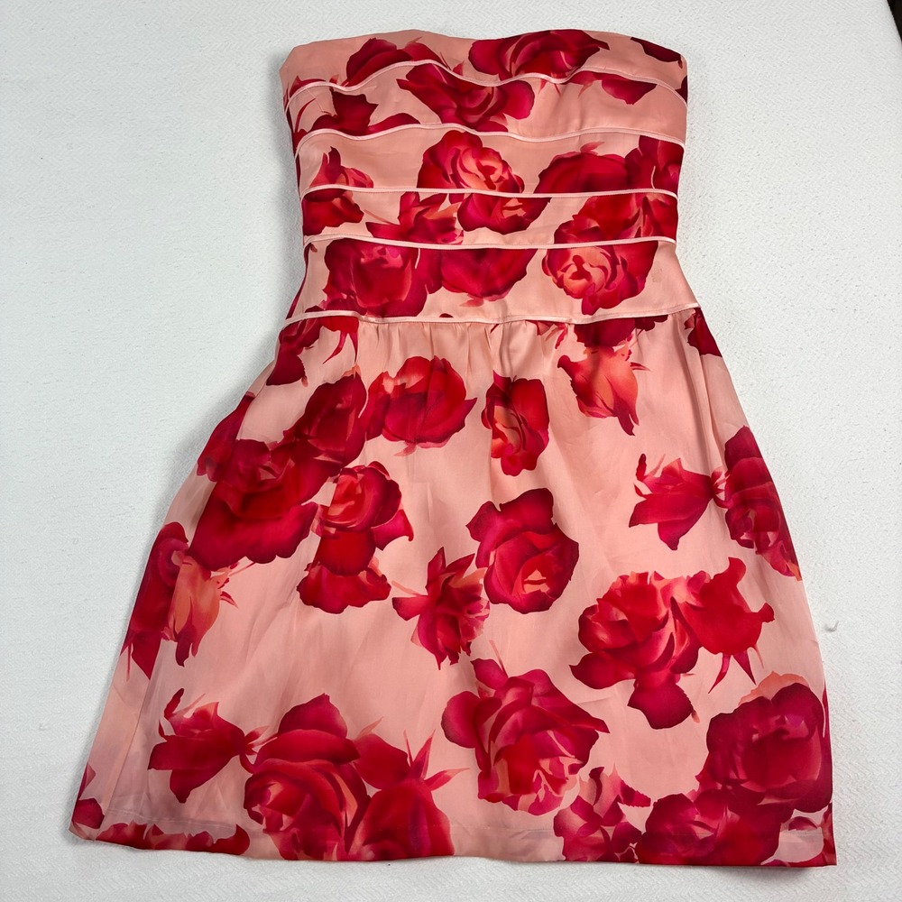 Kay Unger Strapless Party Dress Pink Silk w/ Rose Print Adjustable Bodice 12